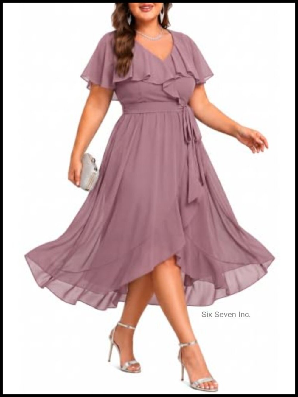 Plus Size Semi Formal Chiffon Hi-Lo Ruffle Dress Wedding Guest Cocktail